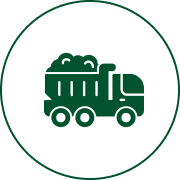 Green dump truck icon on black background.