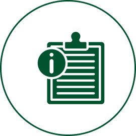 Clipboard with information icon in circle.