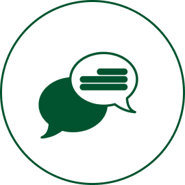 Speech bubbles with text inside circle.