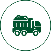 Green dump truck icon on black background.