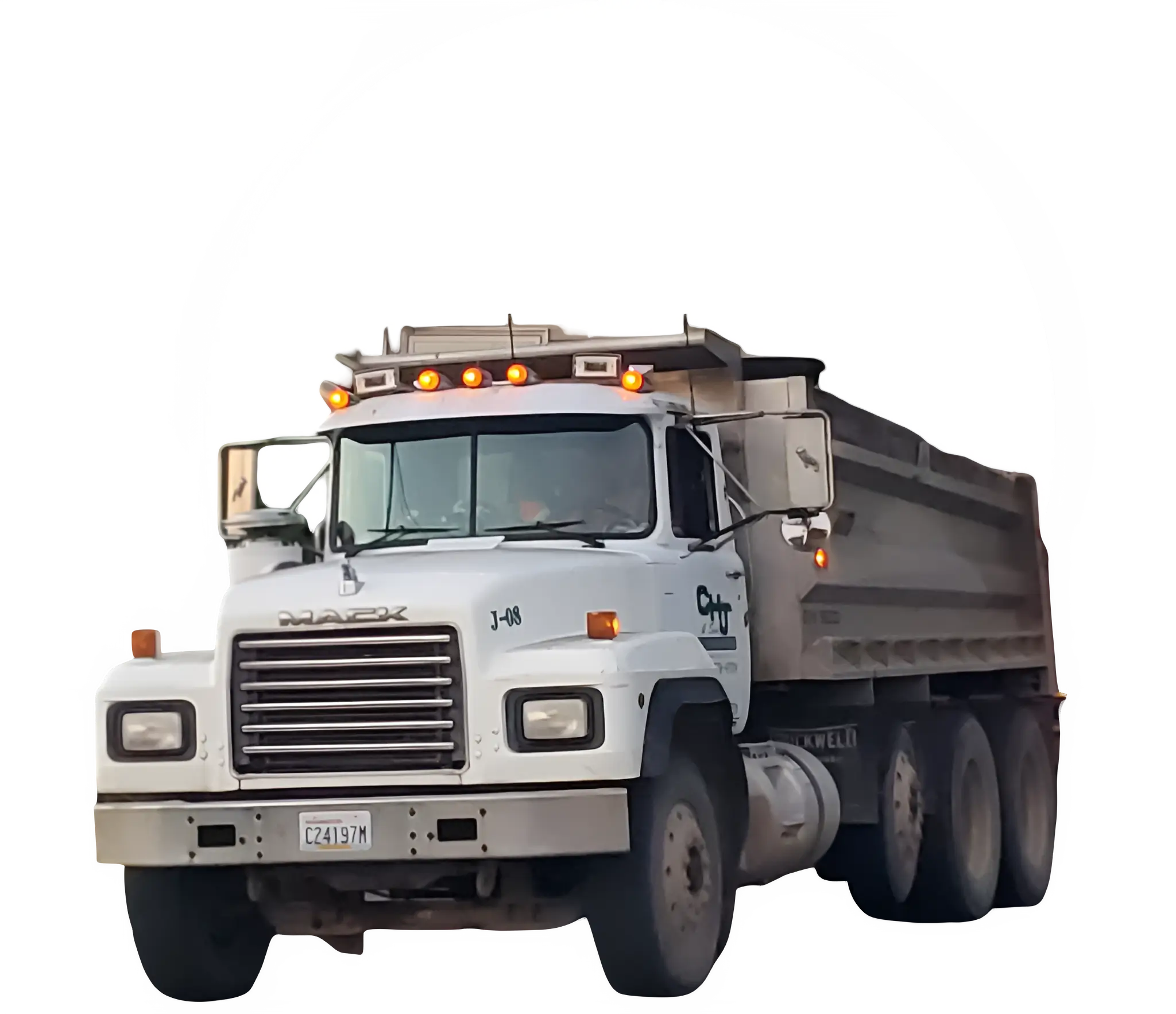 A white dump truck parked on a plain background.